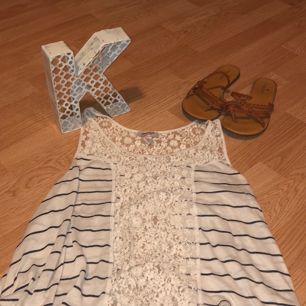 4 for $20 SaleWhite & Blue Lace Strip Tank Top
